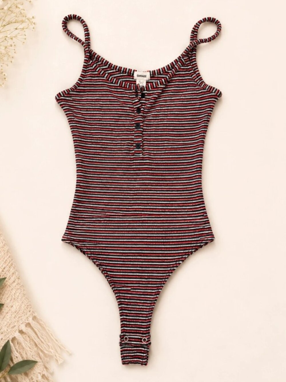 Garage Striped Ribbed Henley Bodysuit Red Black White XS